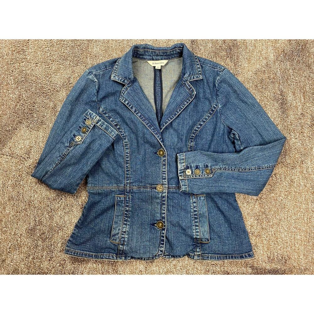 St Johns Bay Womens L Medium Wash Denim Jacket Jean Blazer 3/4 Sleeve Fitted